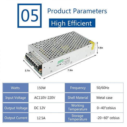 12V 12.5A Switching Power Supply, 150W LED Driver Universal Regulated Transformer Adapter Converter AC 110V-220V to DC 12V Low Voltage Output for ...