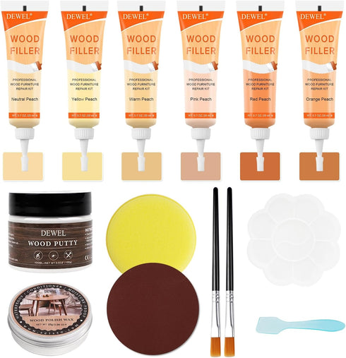 DEWEL Furniture Repair Kit Wood Filler, 6 Colors Peach Series Wood Floor Repair Kit, Filler Furniture Paint, Wood Putty & Wood Polish Repair Wood ...
