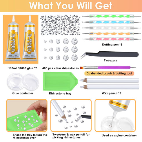 B 7000 Clear Glue with Rhinestones Craft Kit, 2 x 110ML B-7000 Adhesive Glue with Nail Gems, Dotting Tools, Brush for DIY Bead Stone Jewelry Makin...