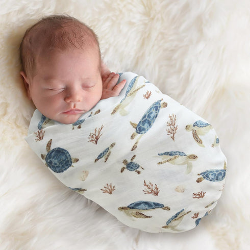 LifeTree Baby Swaddle Blanket, 70% Viscose from Bamboo and 30% Cotton Muslin Swaddles Blankets Boys Girls, Sea Turtle Swaddling Wrap Receiving Bla...