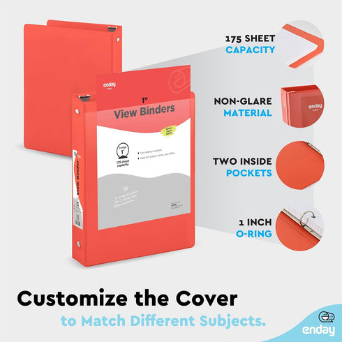 1 Inch 3 Ring Binder 1” Binder Red Clear View Cover with 2 Inside Pockets, Colored School Supplies Office and Home Binders – by Enday...
