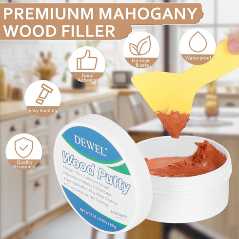 DEWEL Wood Putty, Mahogany Wood Filler, New Upgrade Wood Putty Filler Paintable, Stainable, Sandable, Wood Furniture Repair Kit Quickly Restore Wo...