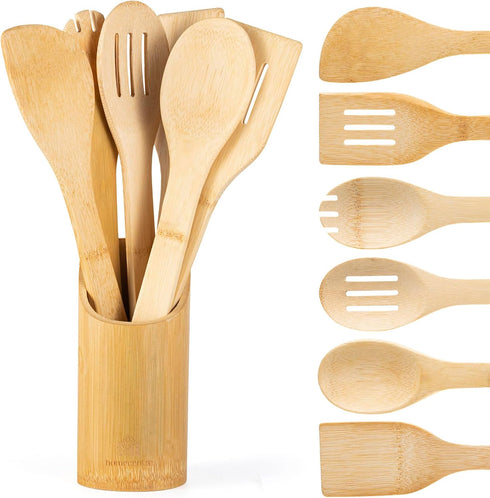 Wooden Spoons for Cooking 7-Piece - Kitchen Wooden Cooking Utensils Set with Holder Bamboo Wooden Spoons Spatula for Cooking Nonstick Bamboo Kitch...