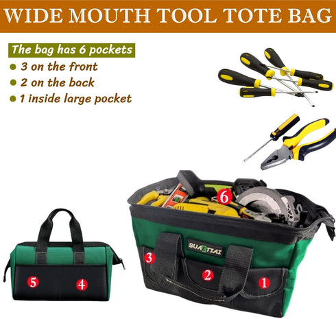 12 Inch Tool Bag for Men,Multi-Pockets Wide Mouth Tool Tote,Tool Bags with Waterproof Soft Bottom,Heavy Duty Tool Bag Organizer Specially Designed...