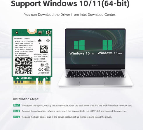 WiFi 6E AX210 NGW Wireless Card M.2 2230/NGFF WiFi 6E Laptop Module with Bluetooth 5.3, 5400Mbps Tri-Band AX210 WiFi Chip Adapter, Ultra-Low Laten...