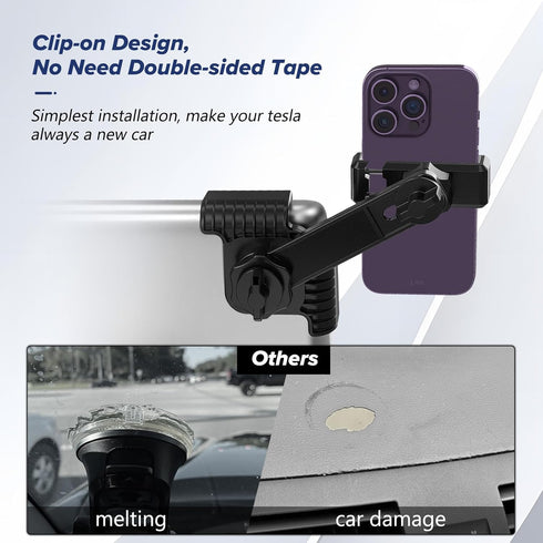 Tesla Phone Mount, No Annoying Tape, Clip-Design Suitable for All Cell Phones, Phone Holder for Tesla Model 3 Y, Clip-on Design Never Loosen, Neve...