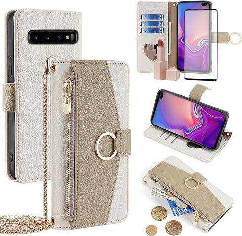 Asuwish Phone Case for Samsung Galaxy S10 Plus Wallet Cover with Screen Protector and Mirror Flip Cover Ring Card Holder Crossbody Strap Stand Cel...