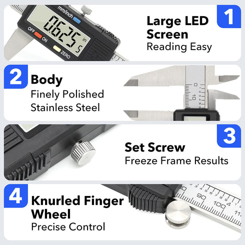 Digital Caliper Precise Measuring Tool, Vizbrite 6 inch Stainless Steel Electronic Vernier Calipers with Auto-Off Large LCD Screen, Accurate to ±0...
