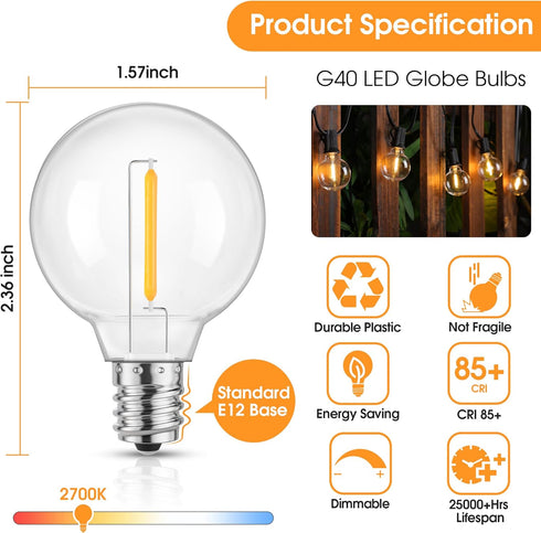 Mlambert G40 LED Replacement Light Bulbs for String Lights, Dimmable E12 Base Shatterproof Bulbs, 1W Equal to 5W, Warm White 2700K, 25Pack, Not So...
