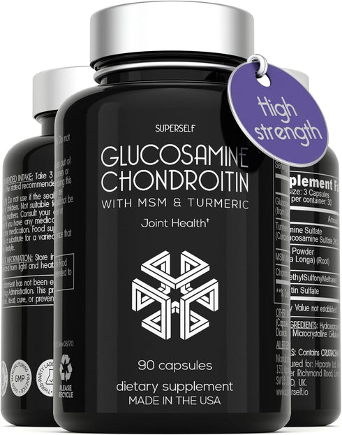 Glucosamine Chondroitin MSM with Turmeric - High Strength Joint Support Supplement for Adults Men & Women - 90 Capsules - 1500mg Glucosamine Sulfa...