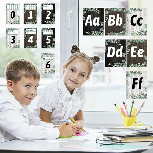 Whaline 36 Pack Eucalyptus Alphabet Number Bulletin Board Set Greenery Alphabet ABC Card Number 0-9 Card with Glue Points Green Leaves Prize Award...