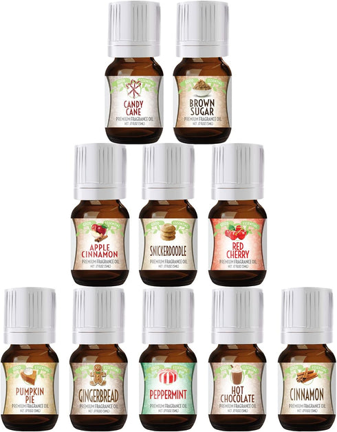 Good Essential - Professional Holiday Fragrance Oil Set Pack of 10 5ml Peppermint, Apple Cinnamon, Hot Chocolate, Cherry, Pumpkin Pie, Candy Cane,...