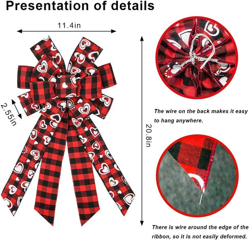 Hying Large Valentines Bows for Wreath, Valentines Wreath Bow Black Red Buffalo Plaid Bows Holiday Hearts Burlap Tree Topper Bows for Front Door D...