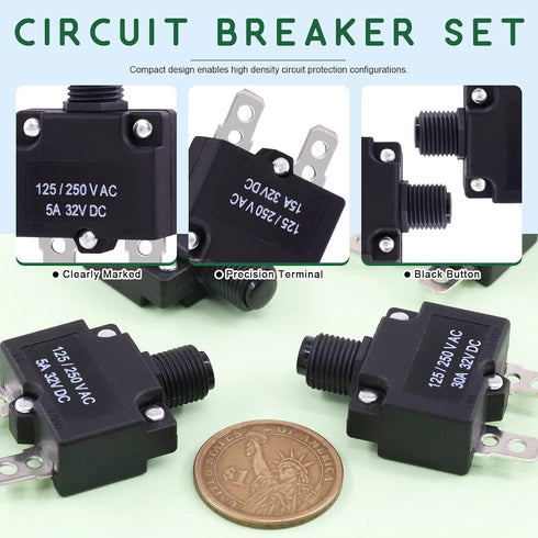 Keadic 40 Pcs 5/10/15/20/30A Push Button Circuit Breaker with Manual Reset Assorted Set AC125-250V 32VDC Thermal Circuit Breaker with 19cm Wire Le...
