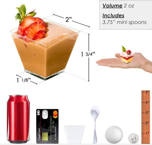 DLux 50 x 2oz Square Mini Dessert Cups with Spoons, Clear Plastic Parfait Appetizer Cup - Small Reusable Serving Bowl for Tasting Party Desserts A...