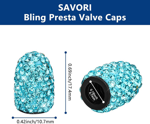 SAVORI Presta Valve Caps, (for road bikes only) 2 Pack Handmade Bling Rhinestone Tire Valve Stem Caps, French Bicycle Air Tire Caps (Sky Blue)...