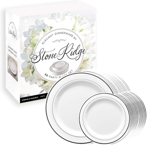 50 Classy Disposable Plastic Plates, 25 Pieces of 10.25 Inch and 25 Pieces of 7.5 Inch White Plates, Silver Trim...