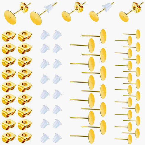 Huucky 450PCS Gold Earring Posts and Backs,Hypoallergenic Earring Studs for Jewelry Making,Stainless Steel Flat Pad with Butterfly and Rubber Bull...