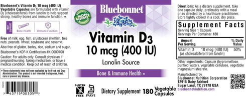BlueBonnet Nutrition Vitamin D3 400 IU Vegetable Capsule, Aids in Muscle and Skeletal Growth, Cholecalciferol from Lanolin, Non GMO, Gluten Free, ...