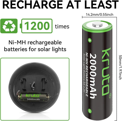 Kruta Ni-MH AA Rechargeable Batteries 2000mah, Double A High Capacity 1.2V Pre-Charged for Garden Landscaping Outdoor Solar Lights, String Lights,...