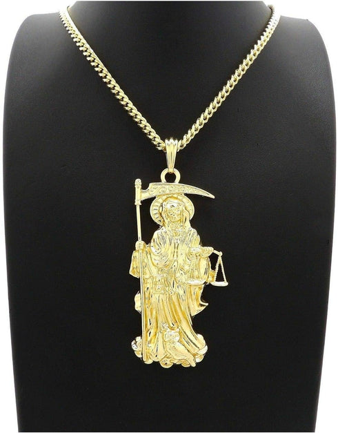 MENS SANTA MUERTE OUR LADY OF HOLY DEATH PENDANT BOX,ROPE CUBAN CHAIN NECKLACE (Cuban Chain Gold)...