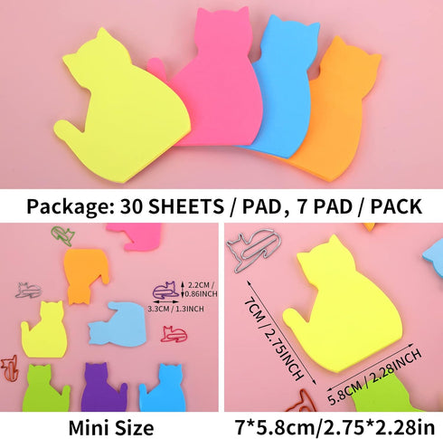Cat Sticky Notes with Paper Clips, Cute Cat Self-Stick Notes Kawaii Cat Index Tabs Self-Stick Memo Pads Office Supplies 7 Pack 210 Sheets...