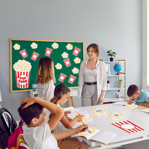 Glenmal 70 Pcs Popcorn Stickers Popcorn Accents with 6 Marking Pens Popcorn Box Back to School Classroom Bulletin Border Decoration for Class Blac...