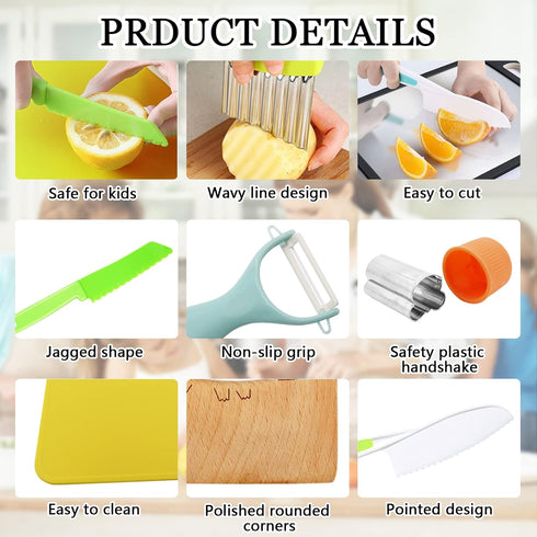 11 Pieces Wooden Kids Kitchen Knife, Kids Knife Set Include Wood Kids Knife, Serrated Edges Plastic Toddler Knife, Crinkle Cutter, Sandwich Cutter...