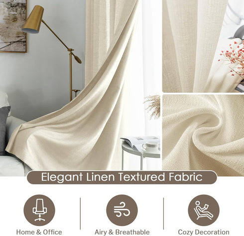 Melodieux Beige Semi Sheer Curtains 63 Inch Length for Bedroom Living Room, Farmhouse Linen Texture Light Filtering Home Office Shiny Sheer Drapes...