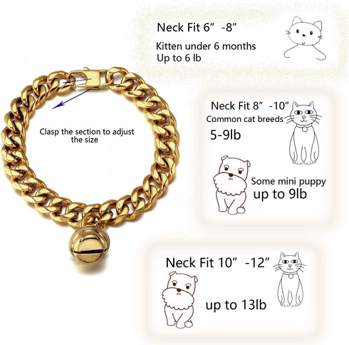 18K Gold Cat Dog Collar Kitten Puppy 1/2inch 12mm Wide Stainless Steel Kitten Choker Curb Chew Proof Cuban Link Chain with Bell (Neck Fit 6"-8") (...