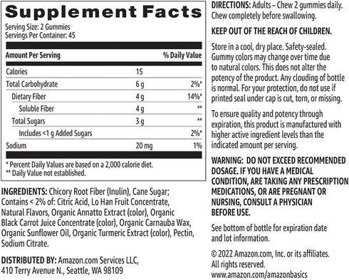 Amazon Basics (previously Solimo) Fiber 4g Gummy - Digestive Health, Supports Regularity, Orange, Lemon & Strawberry, 90 Gummies (2 per Serving)...