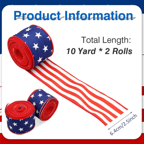 ZOCONE 2 Rolls 20 Yard Red White Blue Patriotic Ribbon Star and Striped Wired Ribbon for 4th of July, Independence Day, Memorial Day, Wreath Makin...