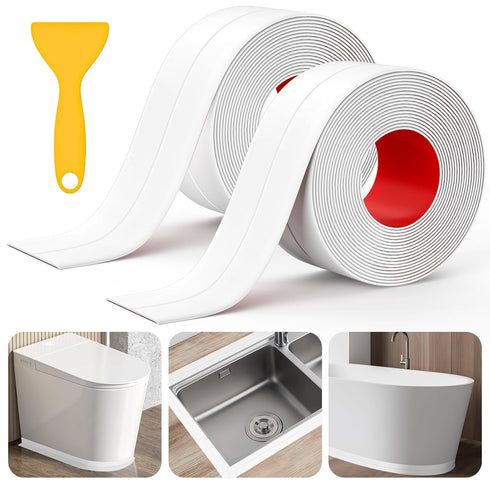 Caulk Tape, 2 Rolls Caulking Tape Sealant Strip, White Caulk Tape Waterproof Self Adhesive, Bathroom Shower Bathtub Toilet Caulk Strip with Sealin...