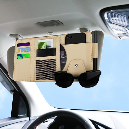 Car Sun Visor Organizer, Leather Pocket Organizer Sunglass Holder for Car Interior Accessories with Multi-Pocket Net Zipper (Beige)...