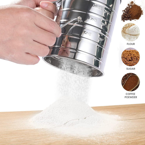 Stainless Steel 3 Cups Flour Sifter for baking | Rotary Hand Crank Powdered sugar shaker and flour duster|...