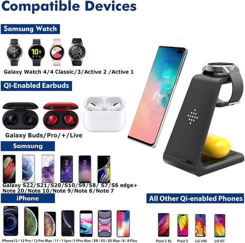 Wireless Charger Samsung 3 in 1 Qi Fast Wireless Charging Station for Multiple Devices Android Galaxy Watch 6/5/4/3/Active2/1/Gear S3,Galaxy S22/S...