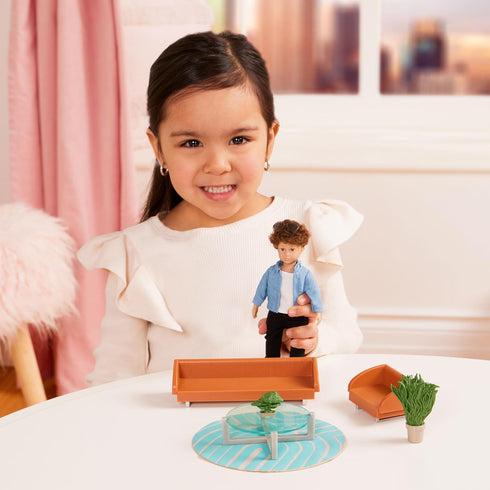 Lori – Mini Boy Doll & Toy Living Room Furniture – 6-inch Boy Doll & Dollhouse Accessories – Sofa, Armchair, Coffee Table, Rug, Plants – Play Set ...