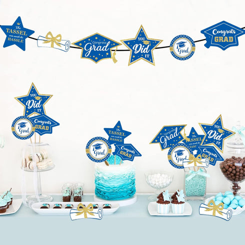 Blue and Gold Graduation Decorations Set of 24 Class of 2025 Table Decor Congrats Grad Party Centerpiece Sticks Table Toppers Graduation Party Sup...