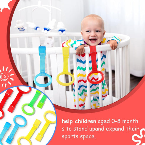 Sumind 8 Pieces Baby Pull up Rings for Playpen Baby Crib Pull Ring Baby Walking Exercises Assistant Bed Stand up Hanging Tool for Infant Toddler P...