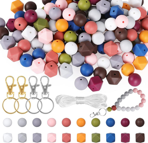 Xzyden Silicone Beads, 150pcs Silicone Beads Bulk Round Bead 15mm Hexagon Silicone Beads 14mm for Jewelry Making Large Beads with Lanyard & Key Ch...
