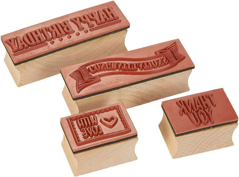 Juvale 4-Piece Rubber Stamps for Card Making - Brown Wood Blocks 3 x 1 in & 1.5 x 1 in - Includes Happy Birthday, Thank You, Congratulations & wit...