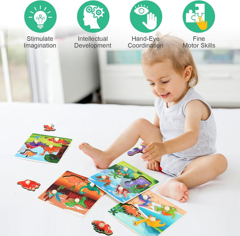 Wooden Peg Puzzles for Toddlers 1-3, Kids Educational Preschool Peg Puzzle Toy Ages 2-4, Set of 4 Dinosaur Toddler Puzzles, Ideal Gift for Ages 1 ...