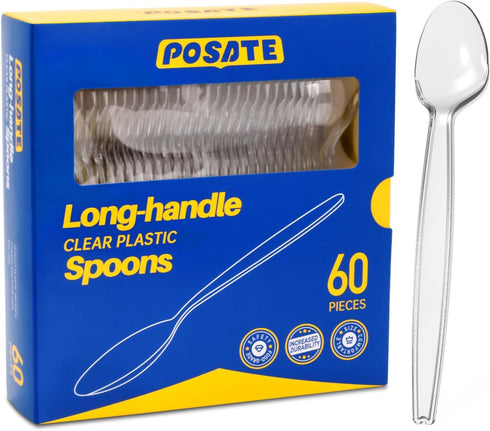 POSATE 7.1" Plastic Spoons (60 Count), Heavy Duty Clear Disposable Spoons...