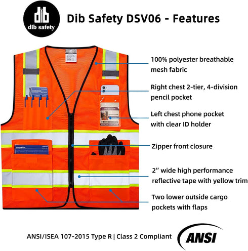 Reflective Mesh Vest High Visibility Two Tone with Pockets and Zipper, ANSI Class 2 Compliant, Orange Mesh with Yellow Trim S...