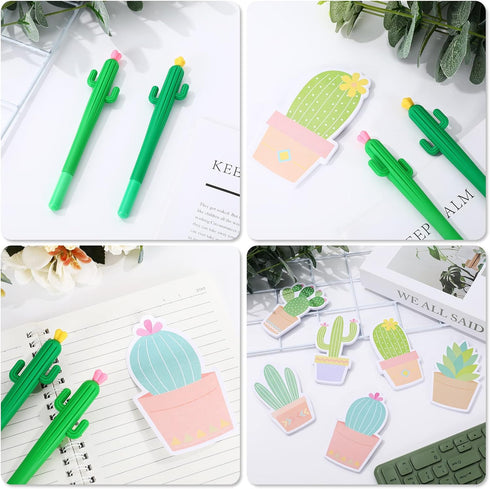 Whaline 12 Pieces Cactus Shaped Roller Pens with Cactus Sticky Notes Cactus Gel Ink Pens Cactus Neutral Pen Writing Plant Pen Succulent Note Pad f...
