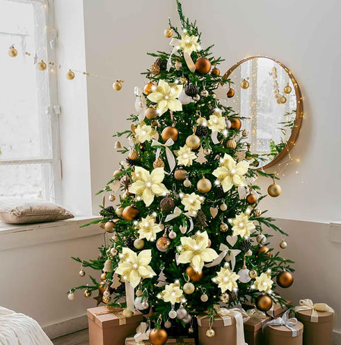 Geefuun 28PCS Christmas Tree Decorations: Poinsettias Artificial Flowers Ornaments Xmas Gold Glitter Flower with Clips...