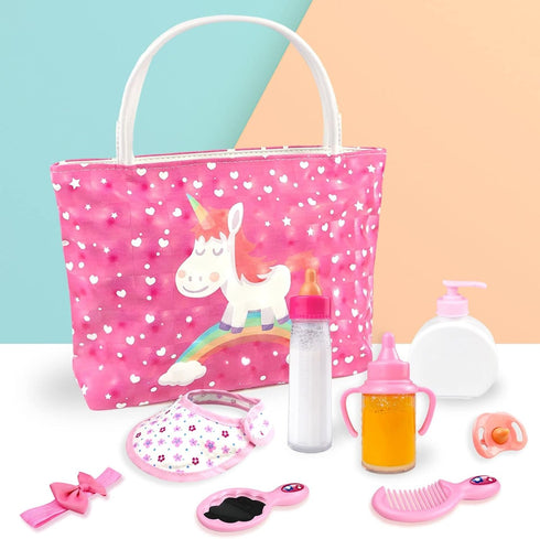 BNUZEIYI Baby Doll Accessories -Baby Doll Feeding and Caring Set with Diaper Bag Bottles for Girls Toys Gift, Stuff Doll Clothes fit 14-16 Inch Do...