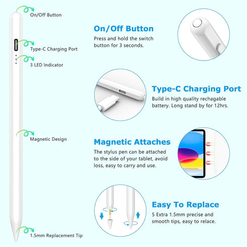 Stylus Pen for iPad 9th&10th, Apple Pencil 2nd Gen with Palm Rejection & Fast Charge, Ipad Pencil Compatible with Apple iPad 8th/7th/6th Gen, iPad...