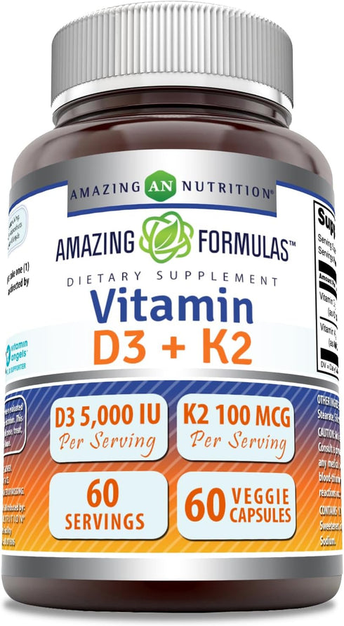 Amazing Formulas Vitamin D3 5000 IU with Vitamin K2 100 mcg | D3 + K2 Complex Supplement | Veggie Capsules | Non-GMO | Gluten Free | Made in USA (...