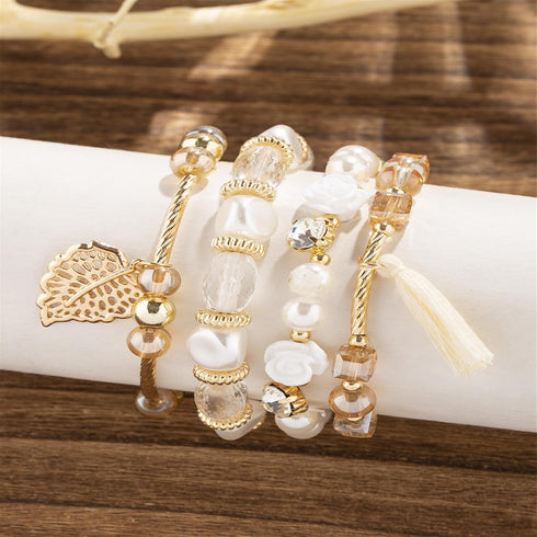 4Pcs Set Bohemian Rose Leaves Crystal Pearl Tassel Beaded Stretch Pendant Bracelets for Women Gold Beaded Stackable Bracelet Colorful Charm Jewelr...